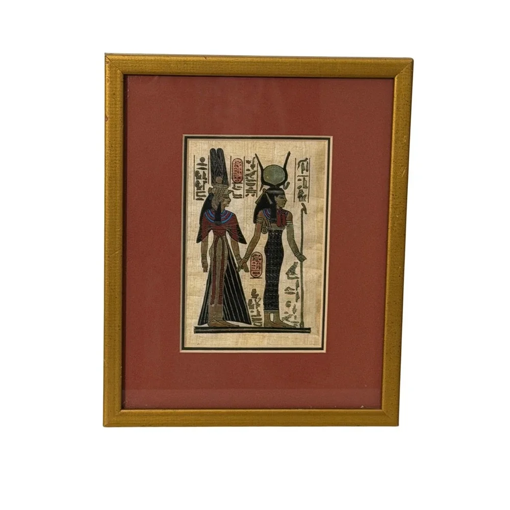 Hand Painted Egyptian Papyrus Art Framed Gold 8.5x10.5 Hieroglyphics Decor